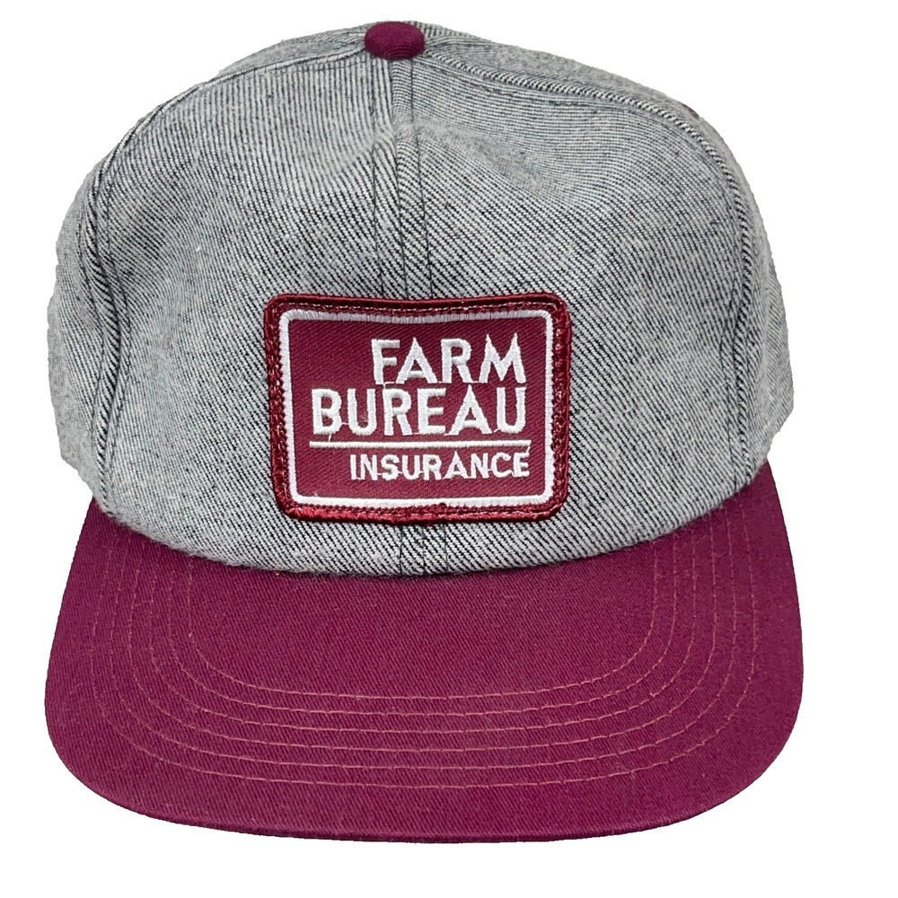 Vintage Farm Bureau Insurance Trucker Hat Cap Made In USA Gray Denim Patch 90s